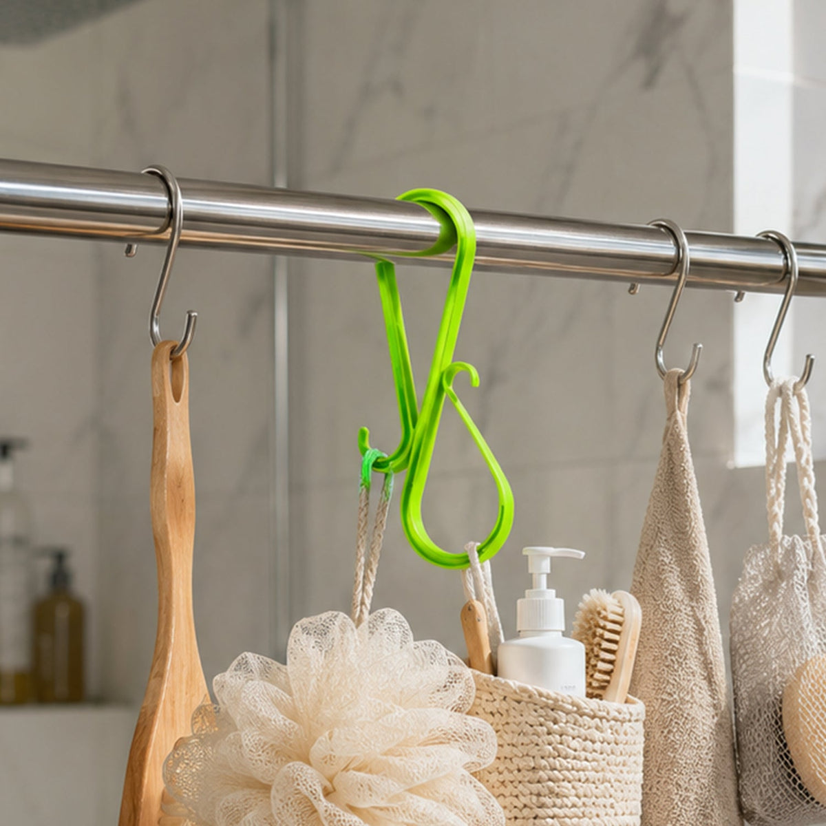 Multi hook hanger holding shoes on a rod