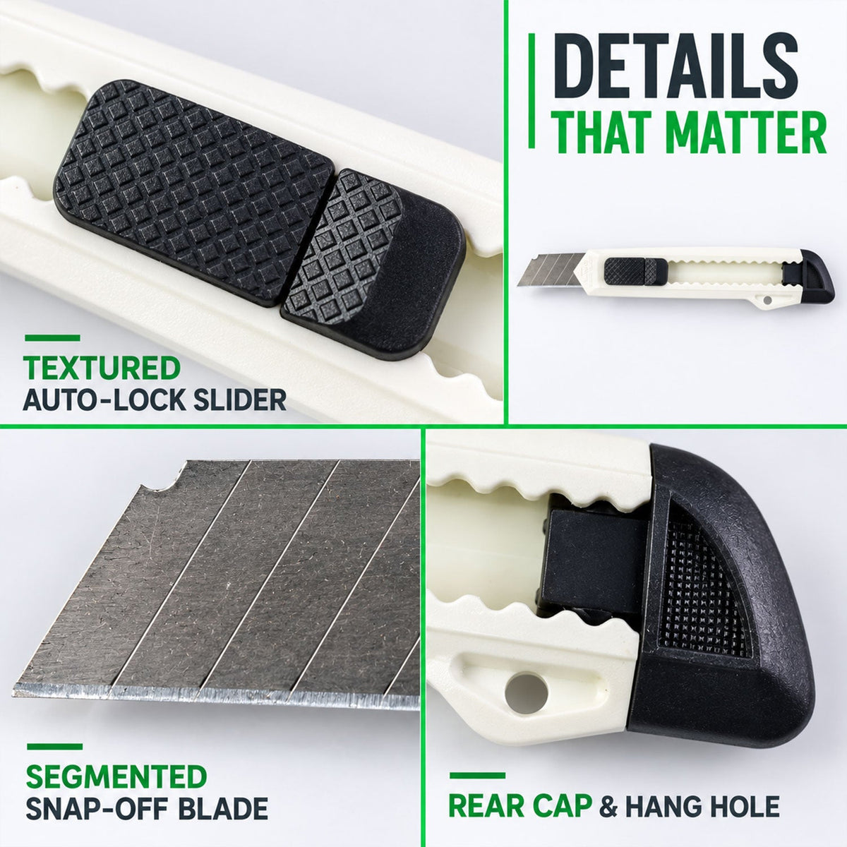 Two utility knives, one green and one white, are displayed upright with two clear blade storage cases and six individual