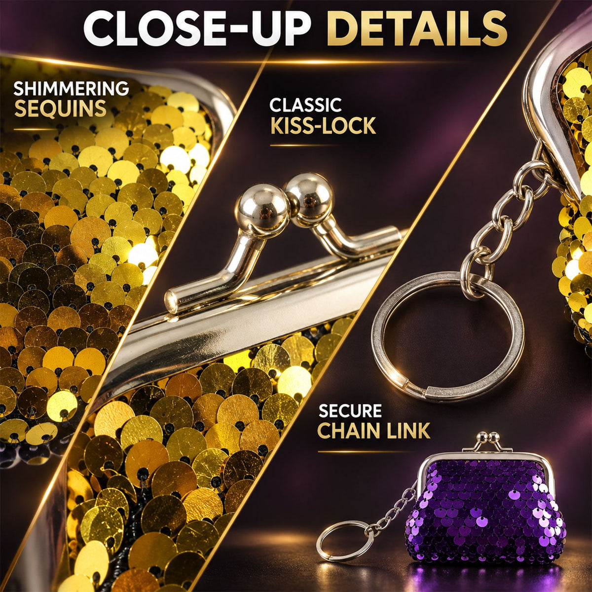 A close-up view of the shimmering gold sequins, classic kiss-lock, and secure chain link on a coin purse.