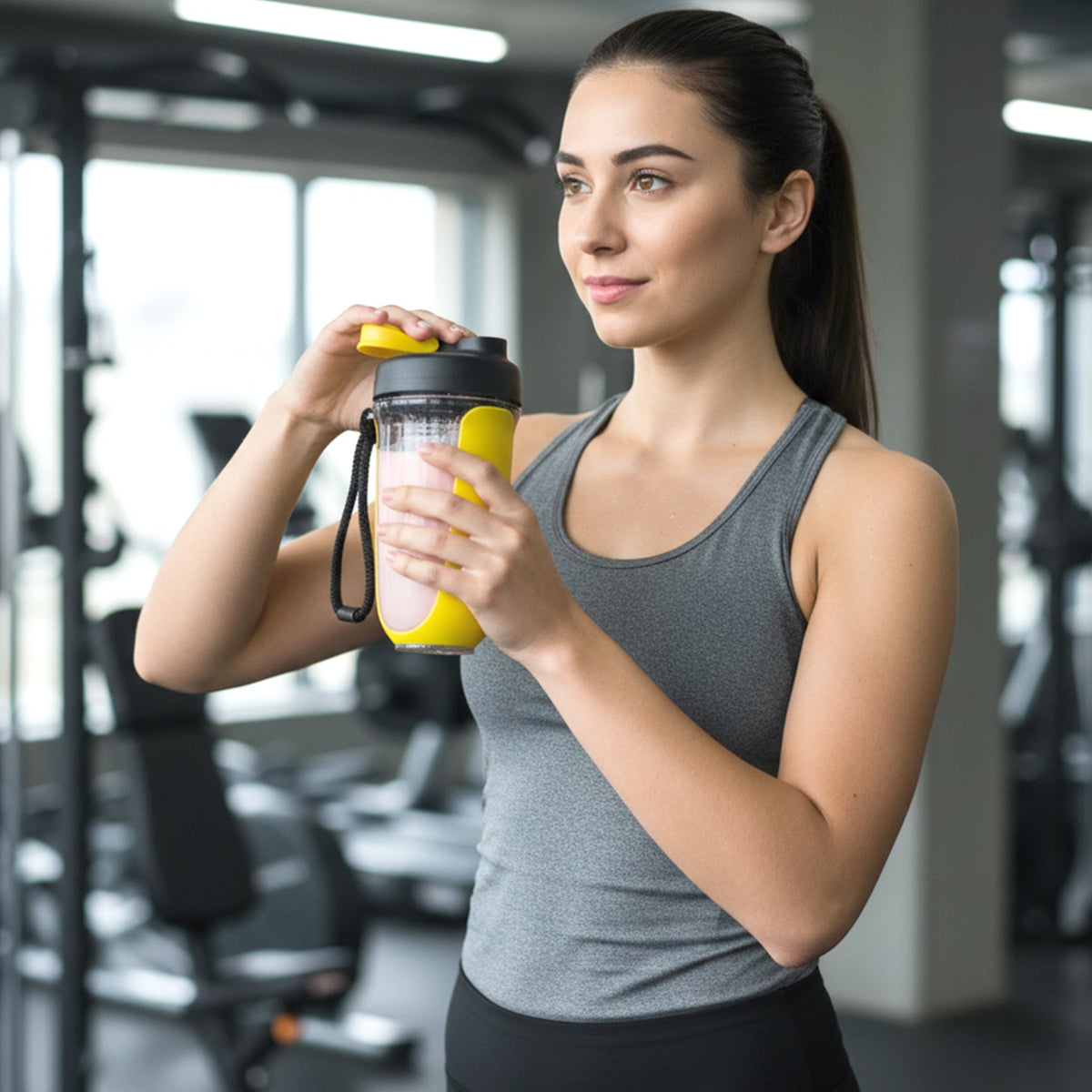 A woman in a grey tank top holds a yellow and black shaker bottle in a gym setting, looking to the side.