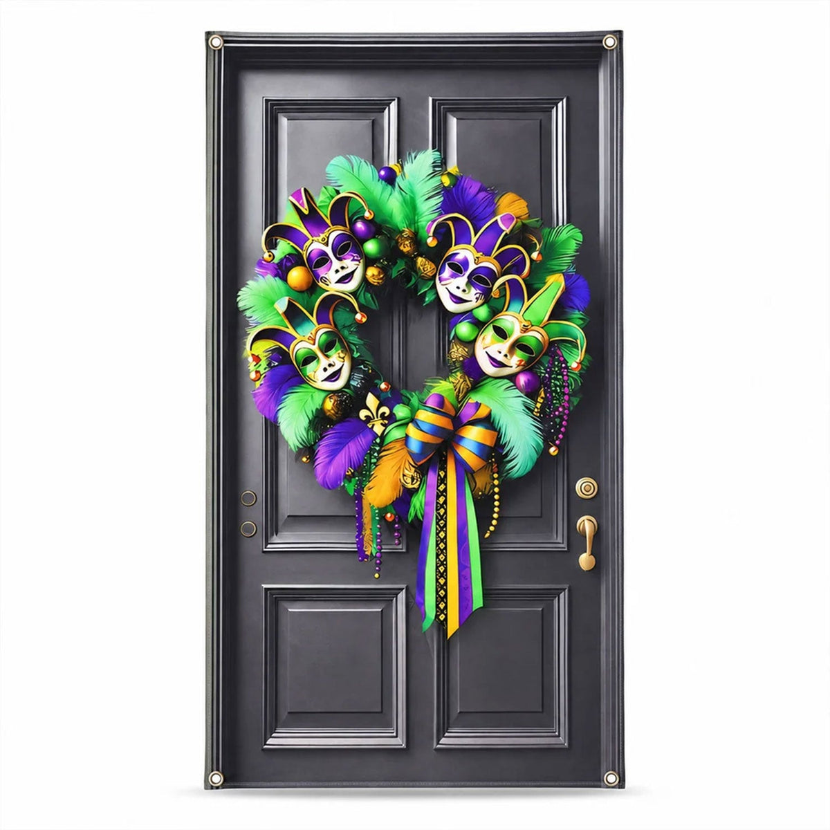 Printed Mardi Gras black door backdrop with colourful wreath design on white