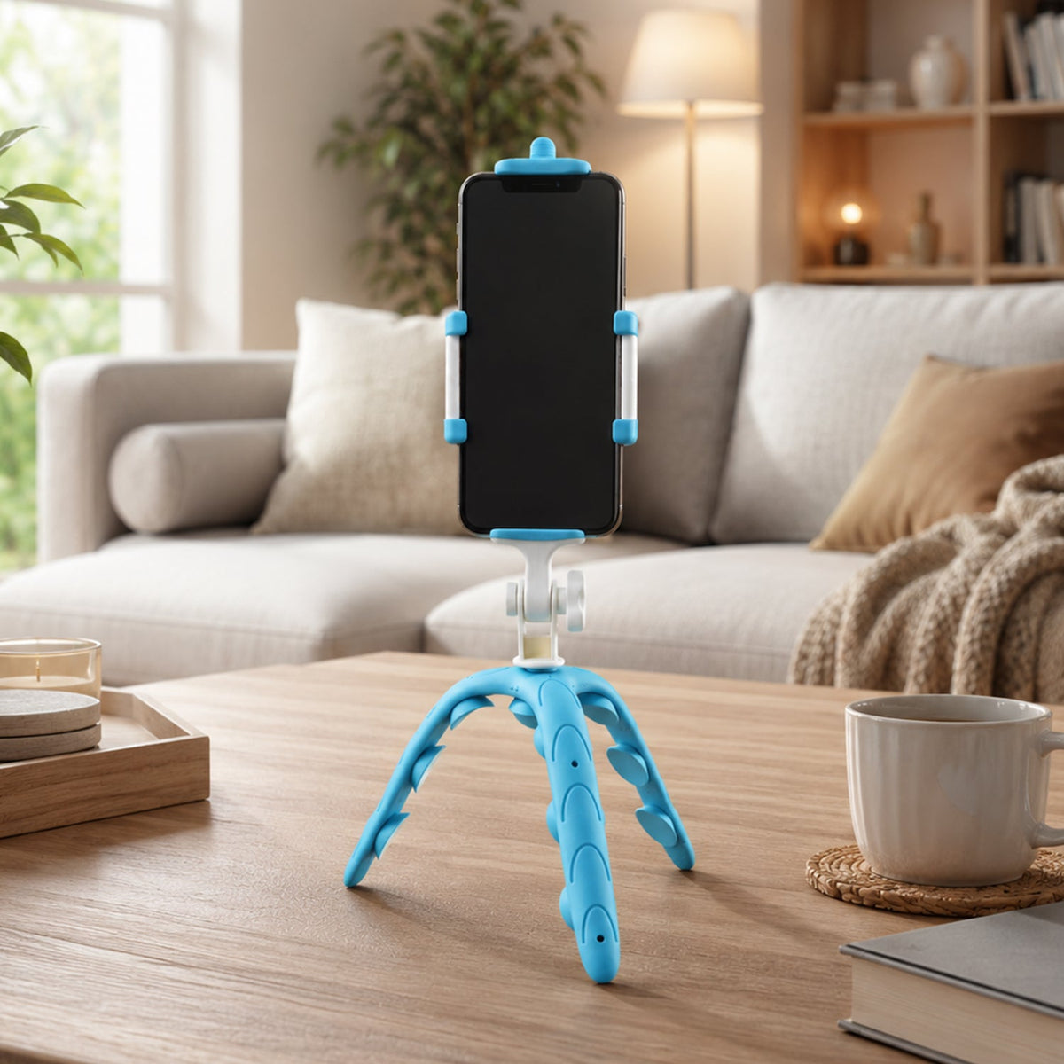 A blue and white flexible tripod holding a phone with a black screen on a wooden coffee table in a living room.