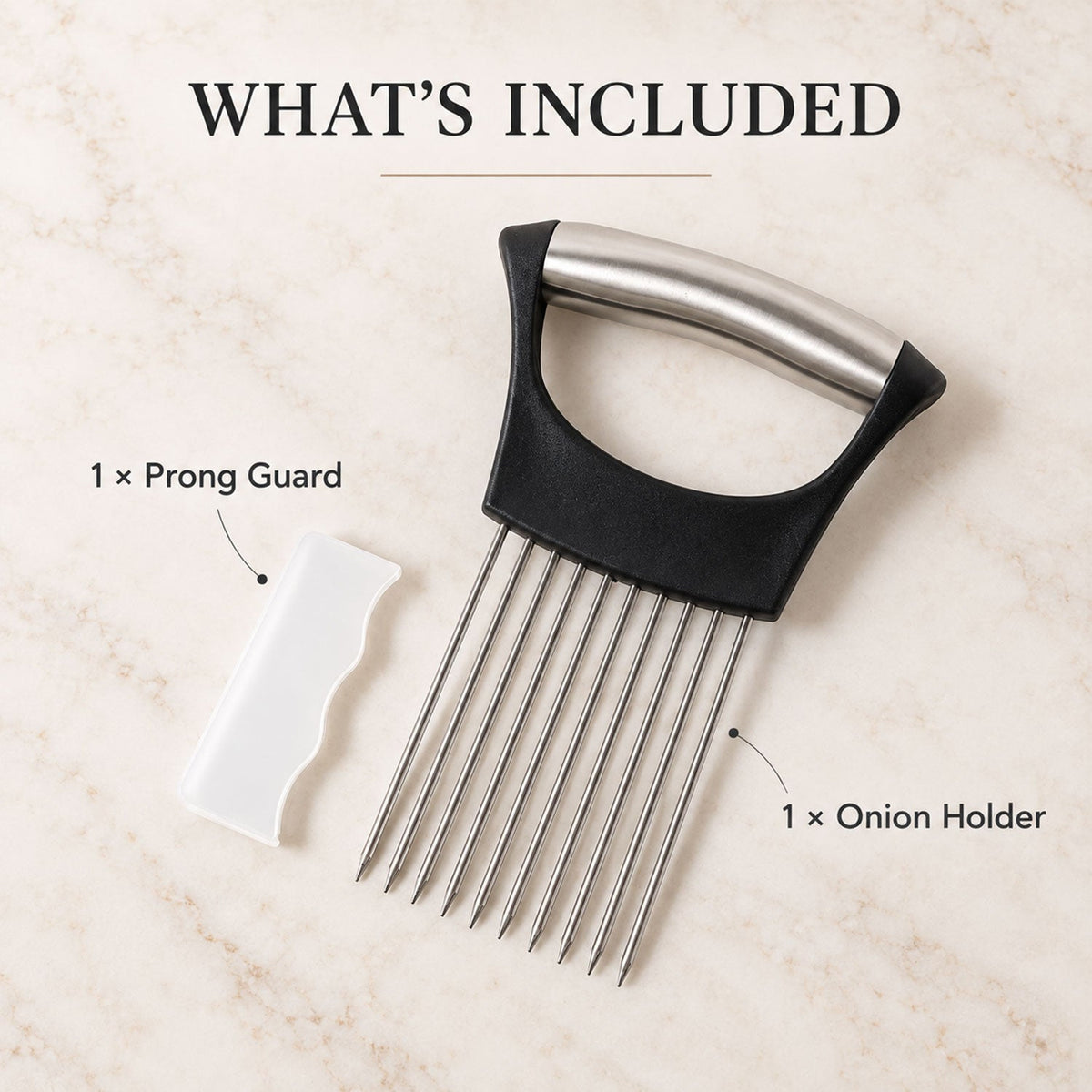 A black and silver onion holder and a white prong guard are displayed on a light marble surface, labeled as included items.