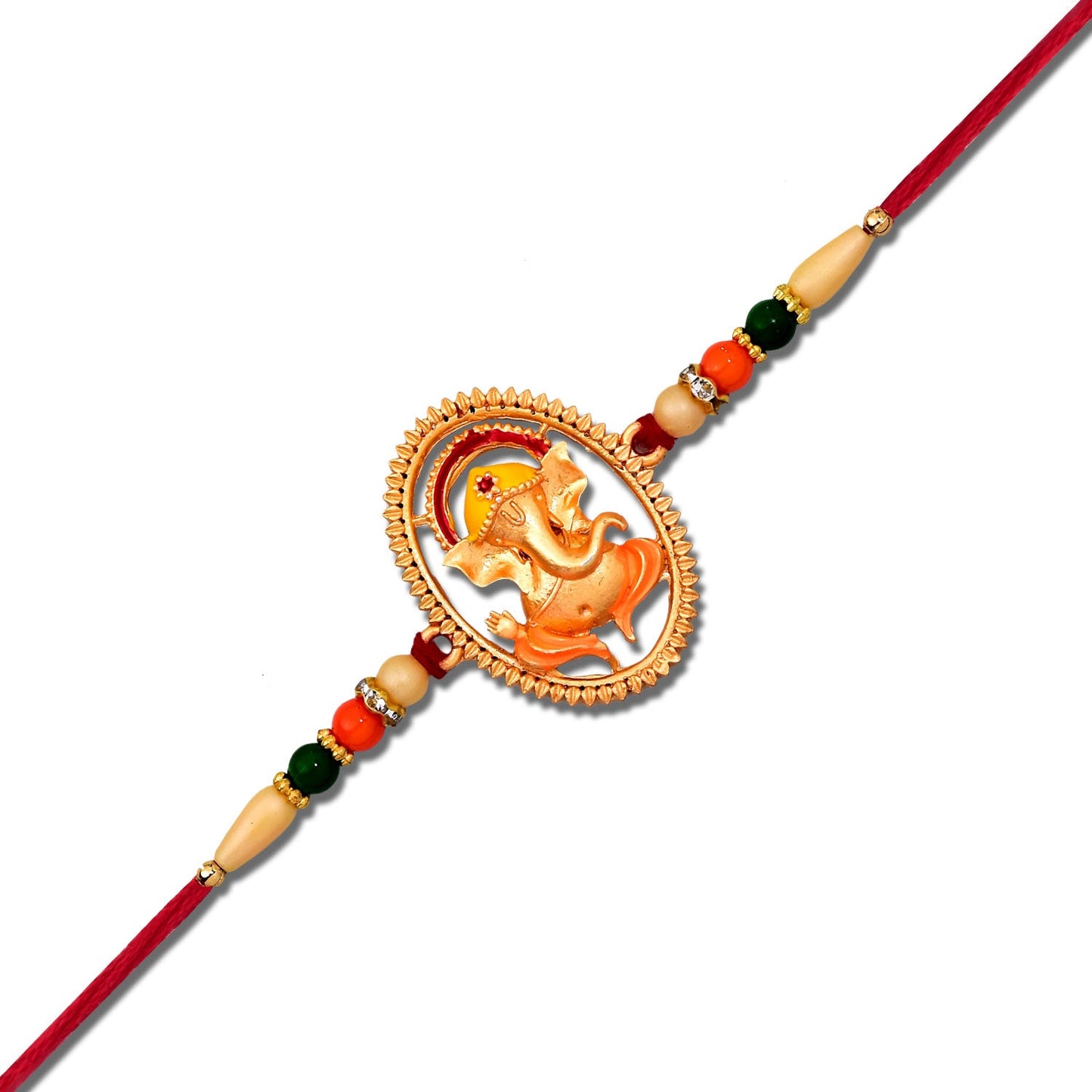 Ganesha Rakhi displayed on a hand, ready for festive Raksha Bandhan rituals.