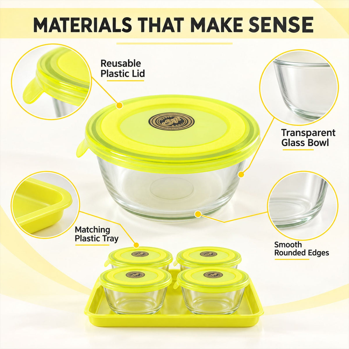 An exploded view showing the reusable plastic lid, transparent glass bowl, and matching plastic tray.