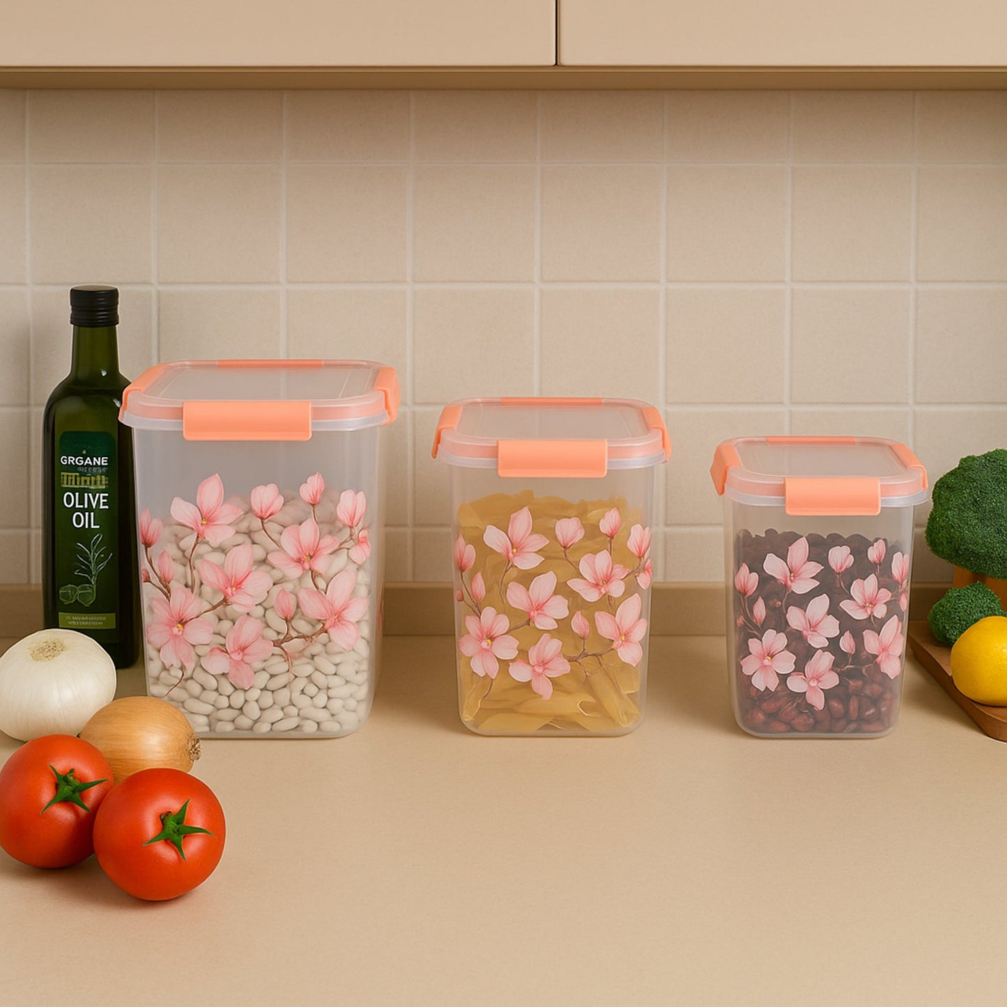 Square 3 Pcs Floral Printed Airtight Storage Container Set (3 Pcs Set)