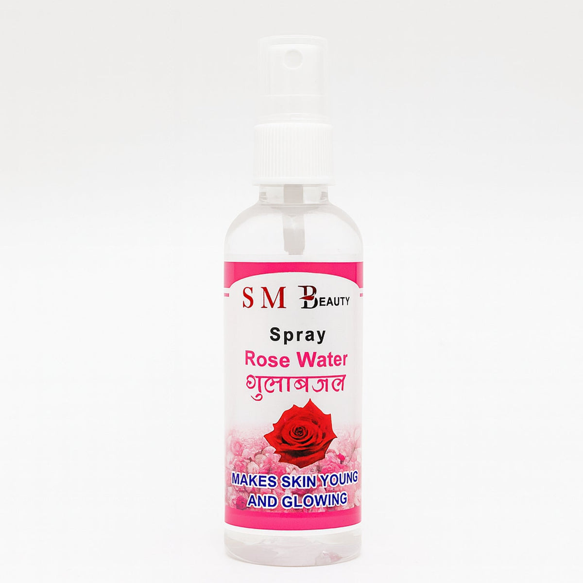 A clear bottle of SM Beauty rose water spray with a pink label featuring a red rose is centered on a white background.