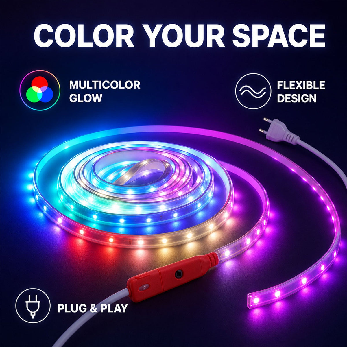 A coiled multicolor LED strip light with a red control switch and plug, glowing brightly against a dark background with