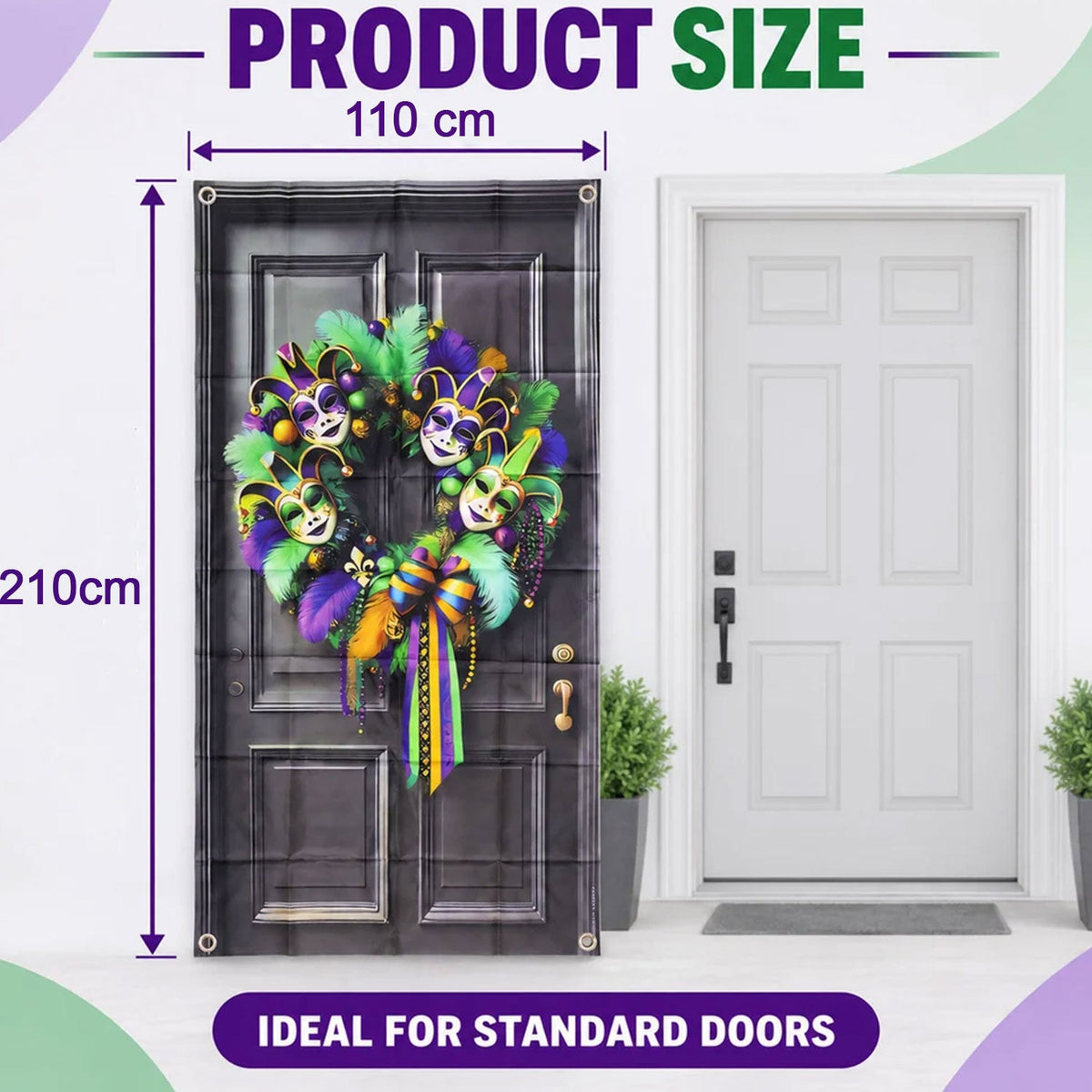 Mardi Gras door backdrop size guide showing 110 cm width and 210 cm height
