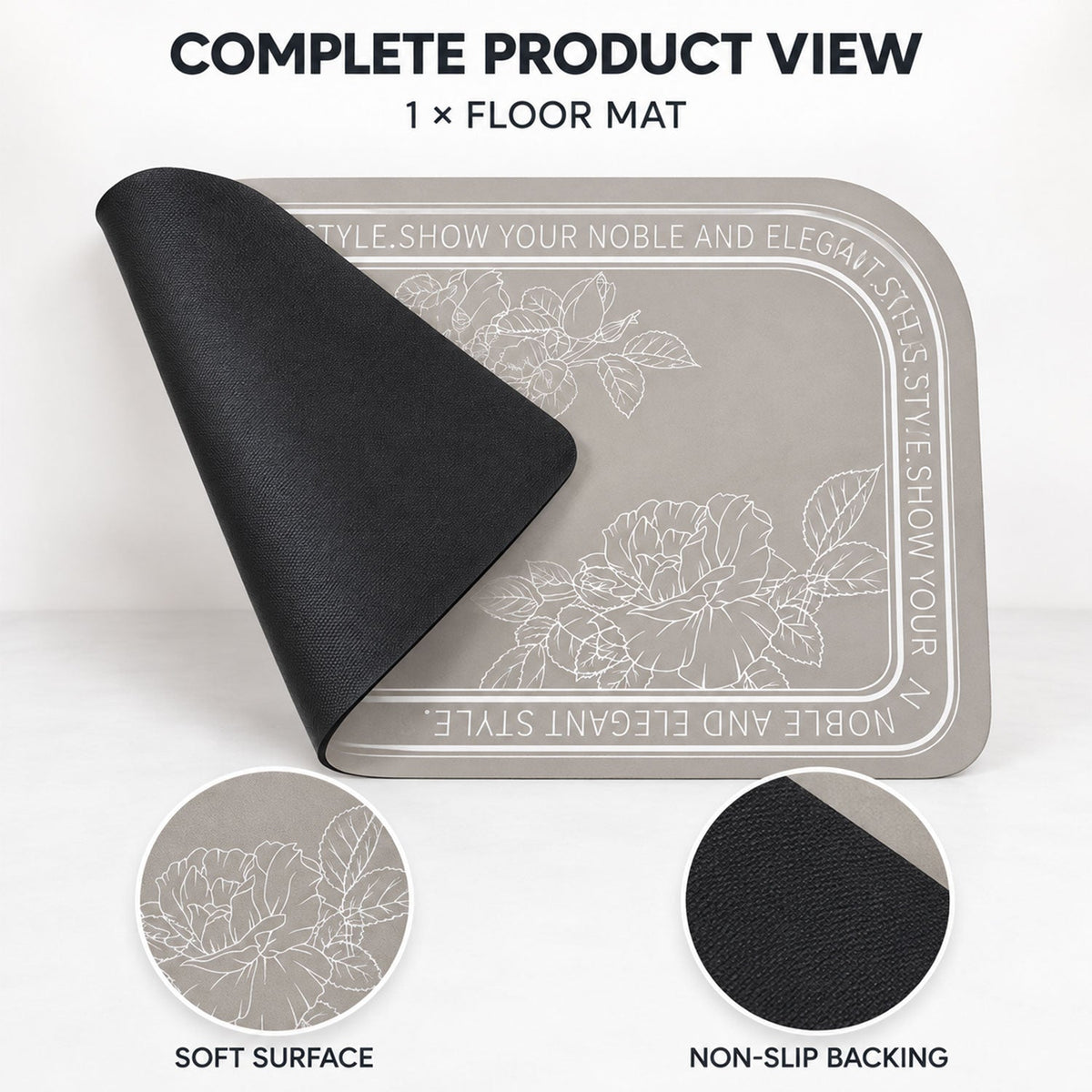 A gray half-round mat with white floral designs, partially lifted to show its black non-slip backing.