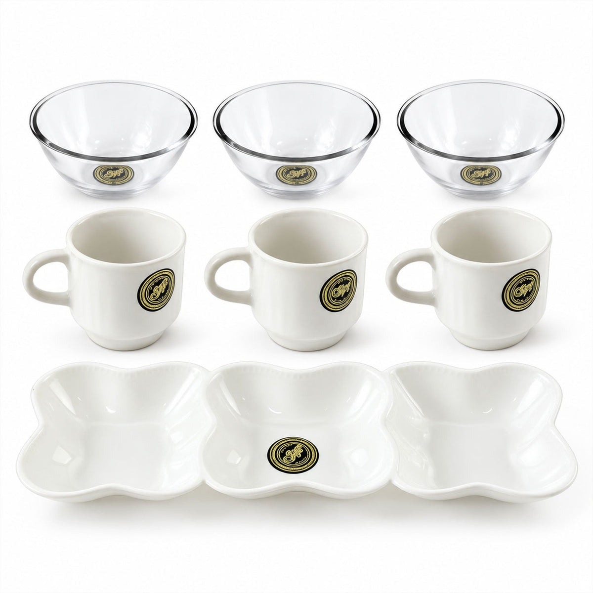 A clean, top-down view of the seven-piece serving set on a white background, featuring three white ceramic mugs, three clear