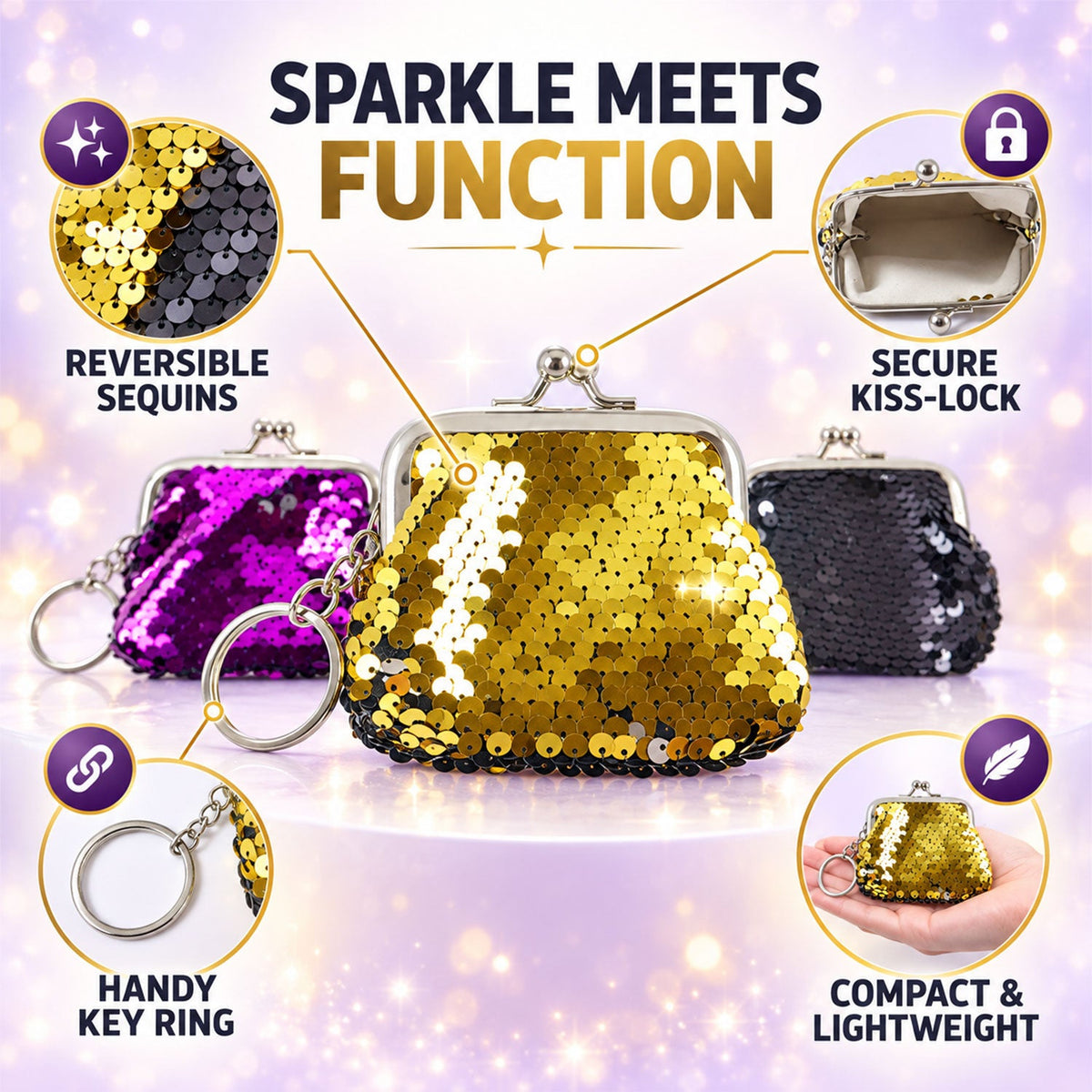 Three sequined coin purse keychains in purple, gold, and black, with callouts for reversible sequins and a handy key ring.