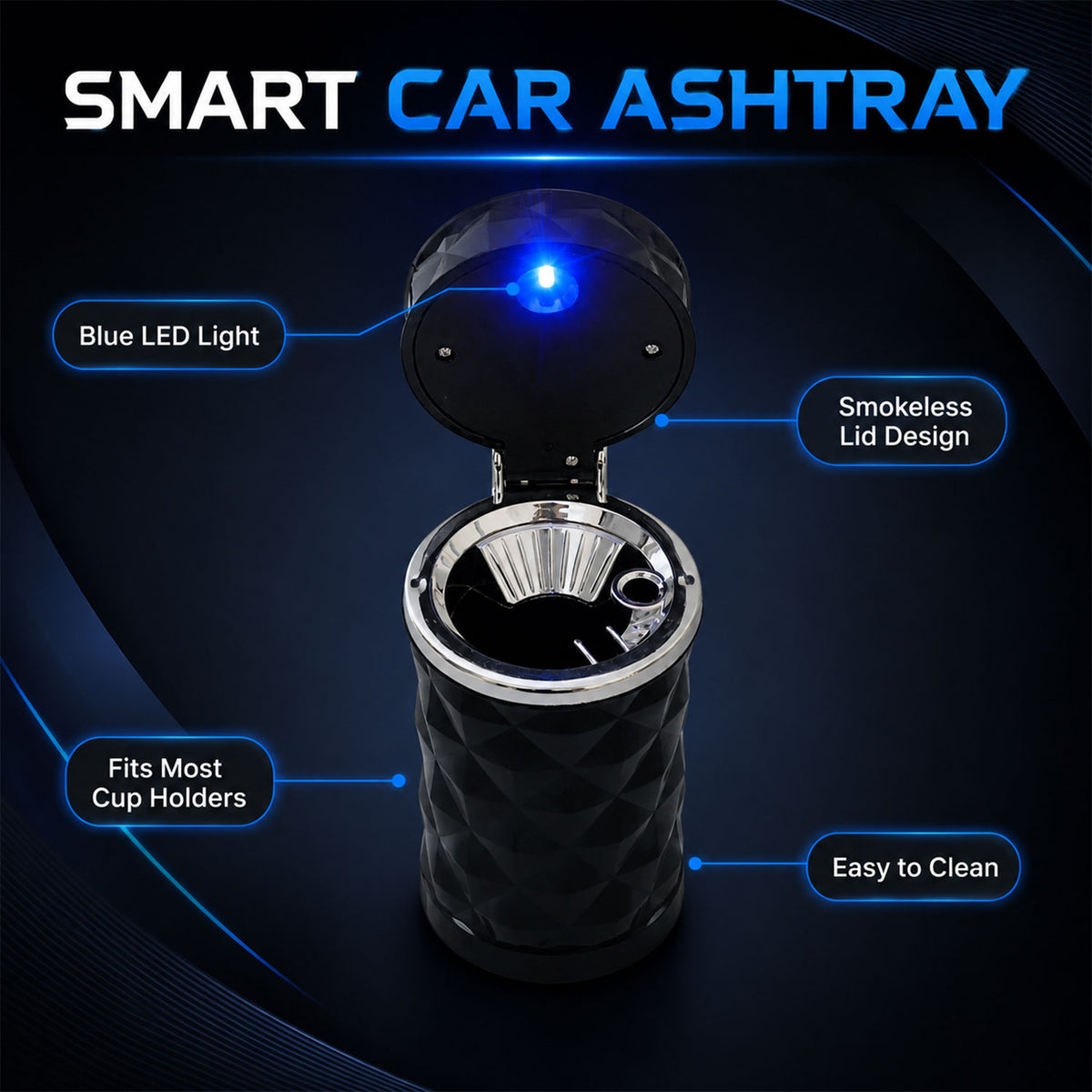 Car Cupholder LED Ashtray – Portable with Blue Light, Lid & Waste Bin, Cigarette Ashtray