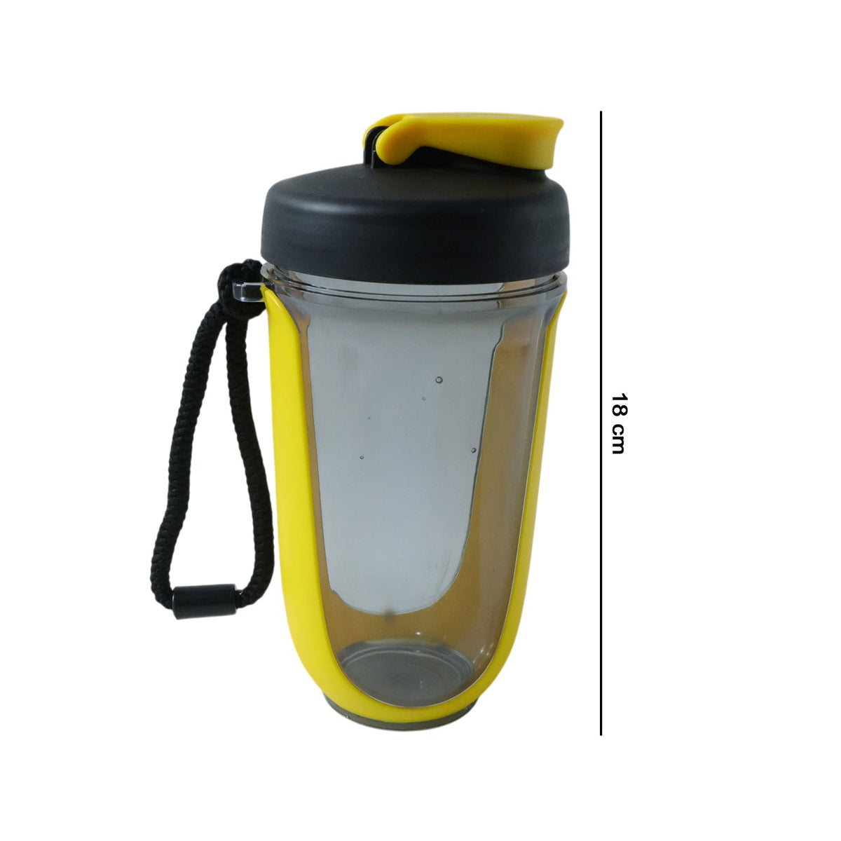 A yellow and black shaker bottle with a black strap is shown on a white background with an 18 cm height measurement.