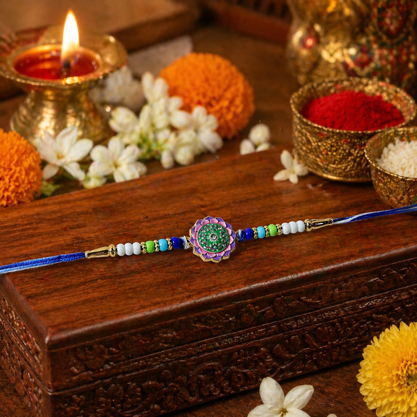 Elegant Rakhi with floral centerpiece and decorative beads for siblings