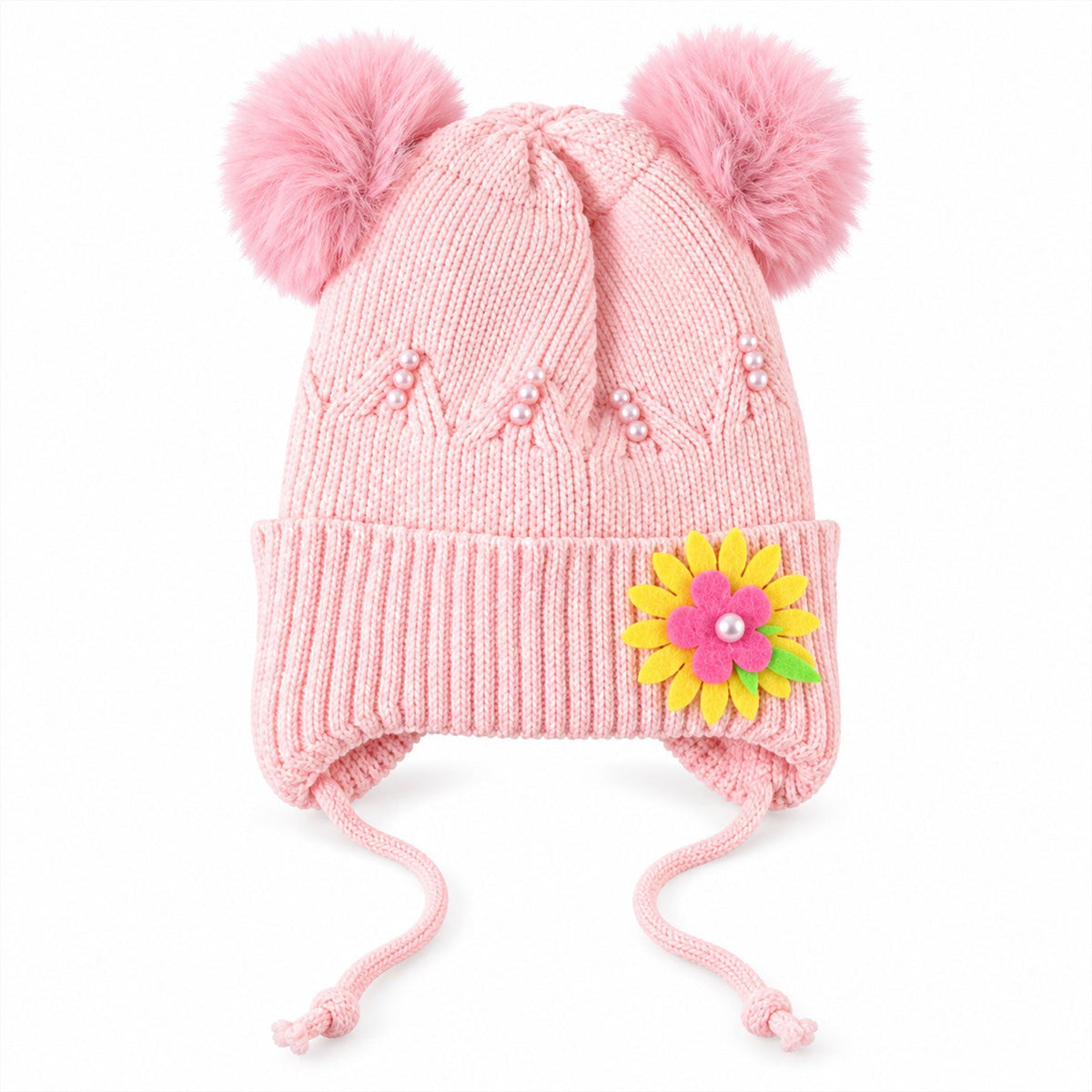 Kids Soft Knitted Winter Caps with Twin Pom Poms and Floral Detail (1 Pc)
