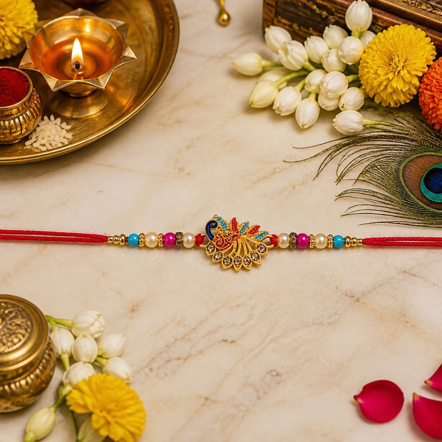 Colorful Rakhi featuring stones and soft thread