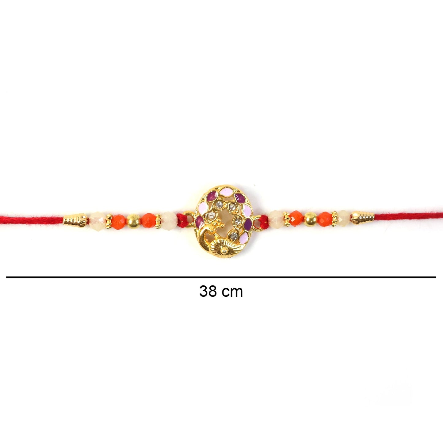 Detailed picture of Peacock motif Rakhi with multicolor beads and comfortable thread