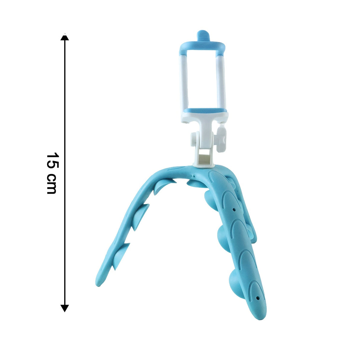 A blue and white flexible octopus-style tripod with a 15 cm height measurement indicated by a black arrow and text.