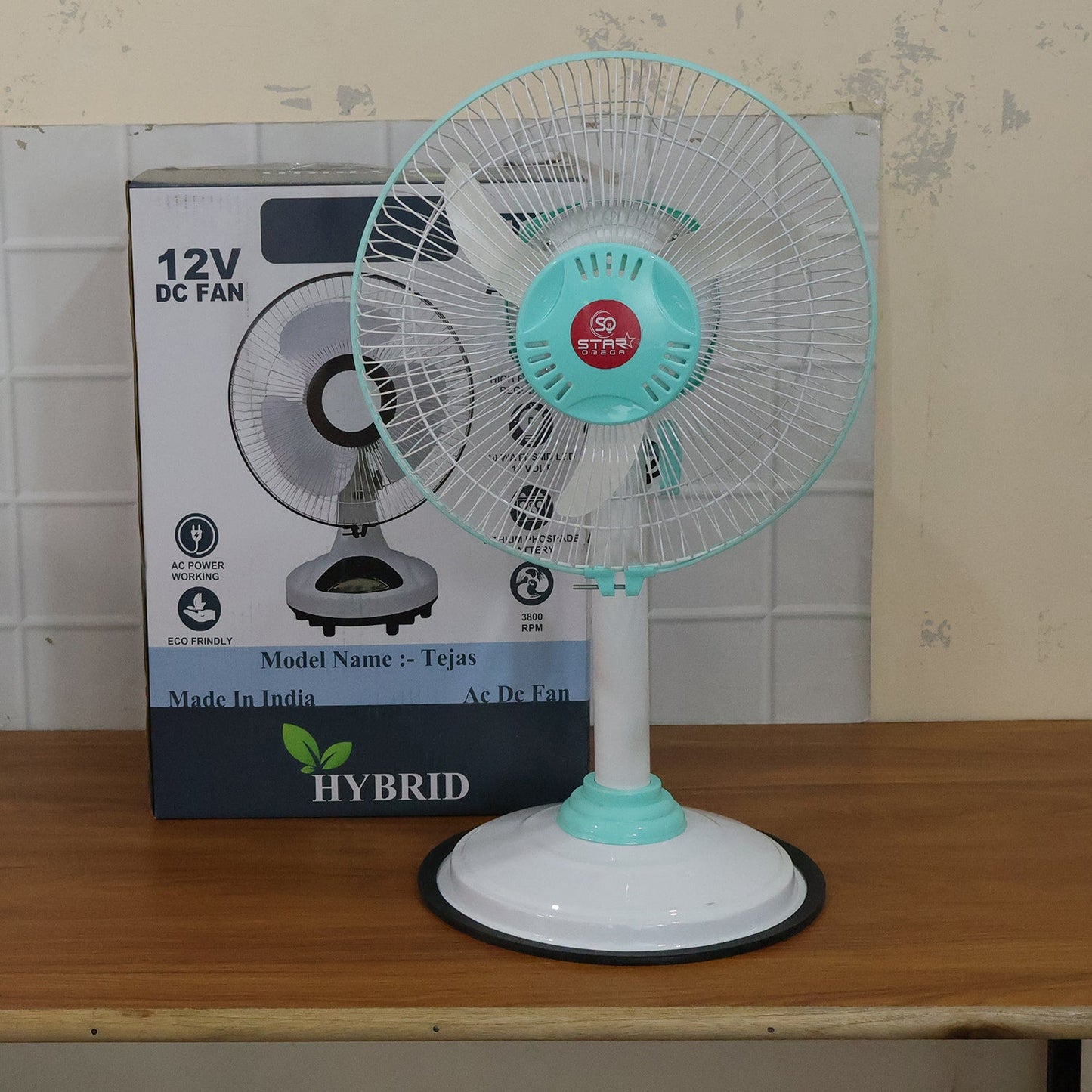 12V DC Hybrid Pedestal Table Fan with Plug and Play IEC C13 Power Cable
