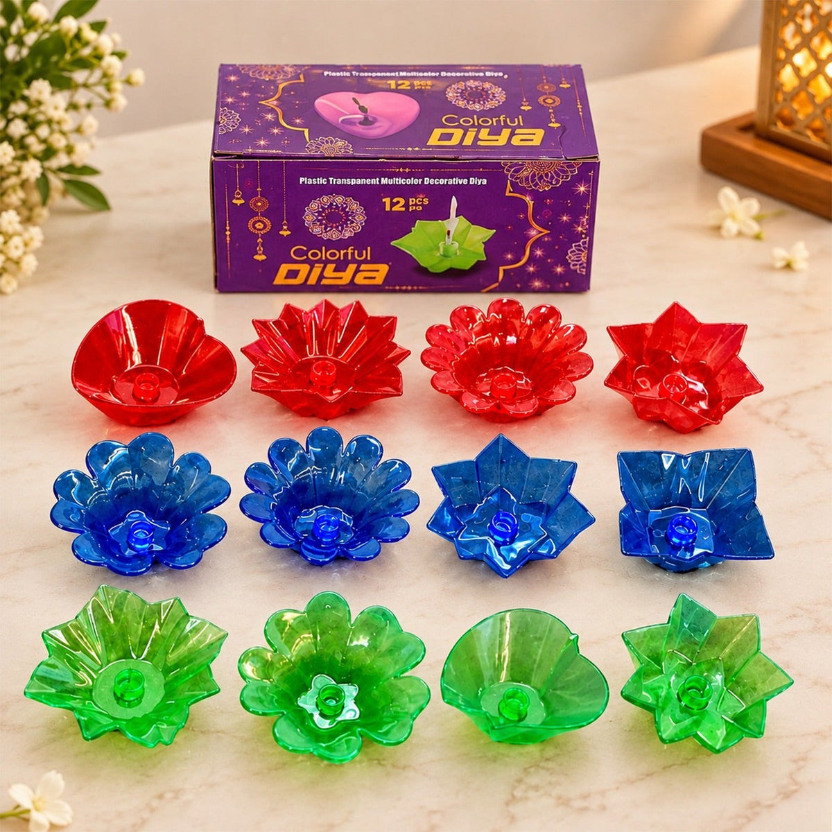 Lotus Reflection Diya Set for Home Decor, Colourful Tealight Holders (12 Pc Set)