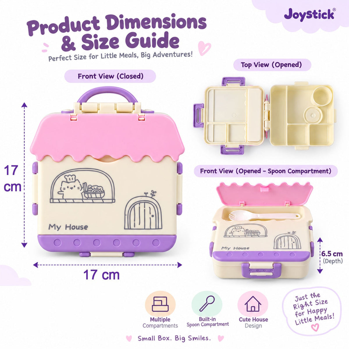 A diagram showing the dimensions and various views of the house-shaped lunch box, including closed, opened top, and opened