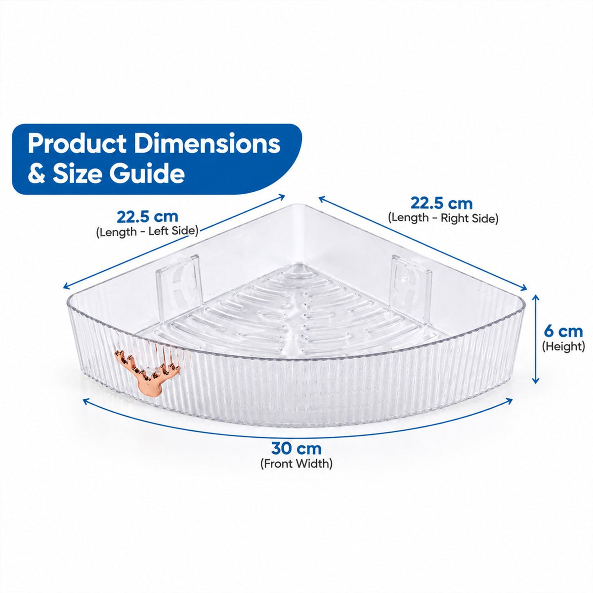 Clear ribbed corner shelf with dimensions labeled: 22.5 cm sides, 30 cm front width, 6 cm height.