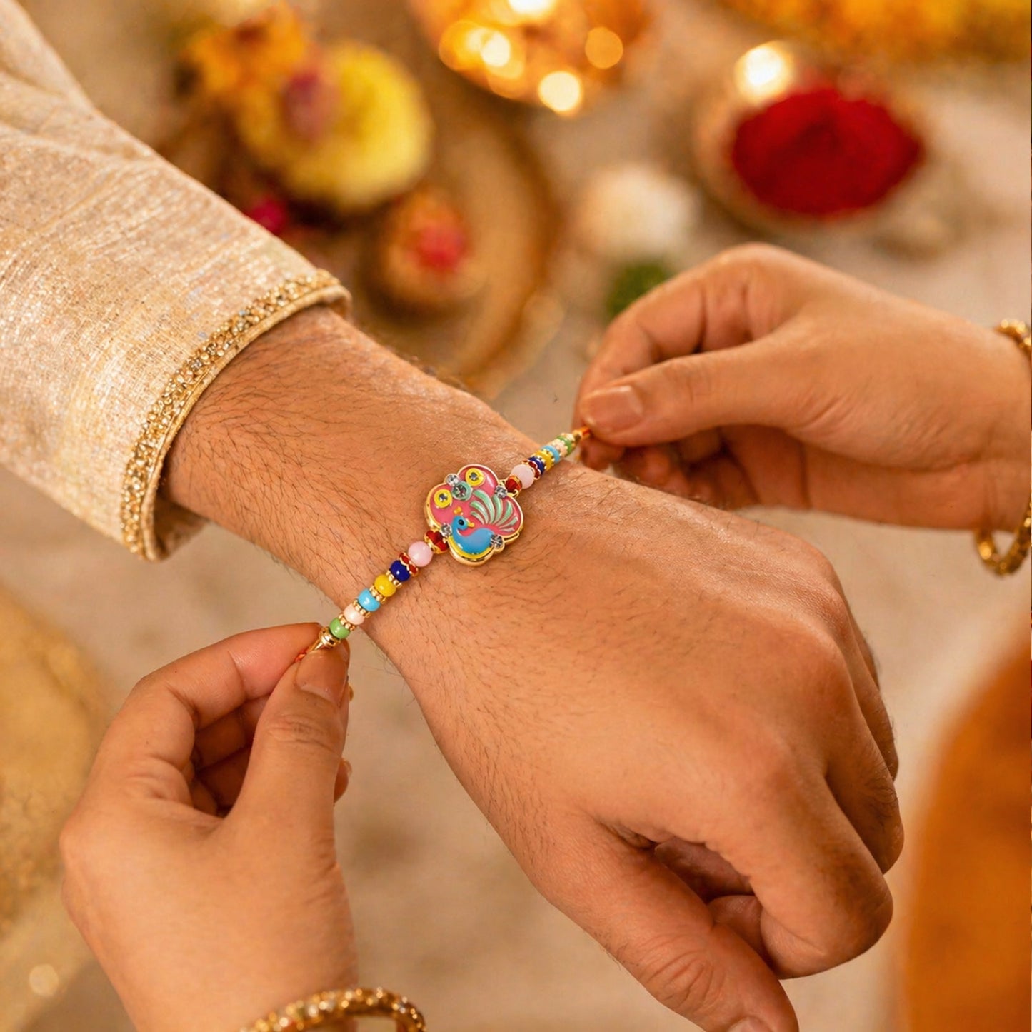 Peacock Rakhi displayed with festive background and colorful beads