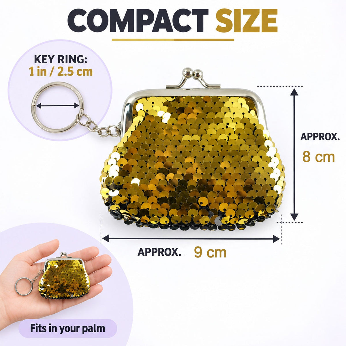 A gold sequined coin purse keychain with dimensions of 8cm by 9cm, next to a hand holding a smaller version.
