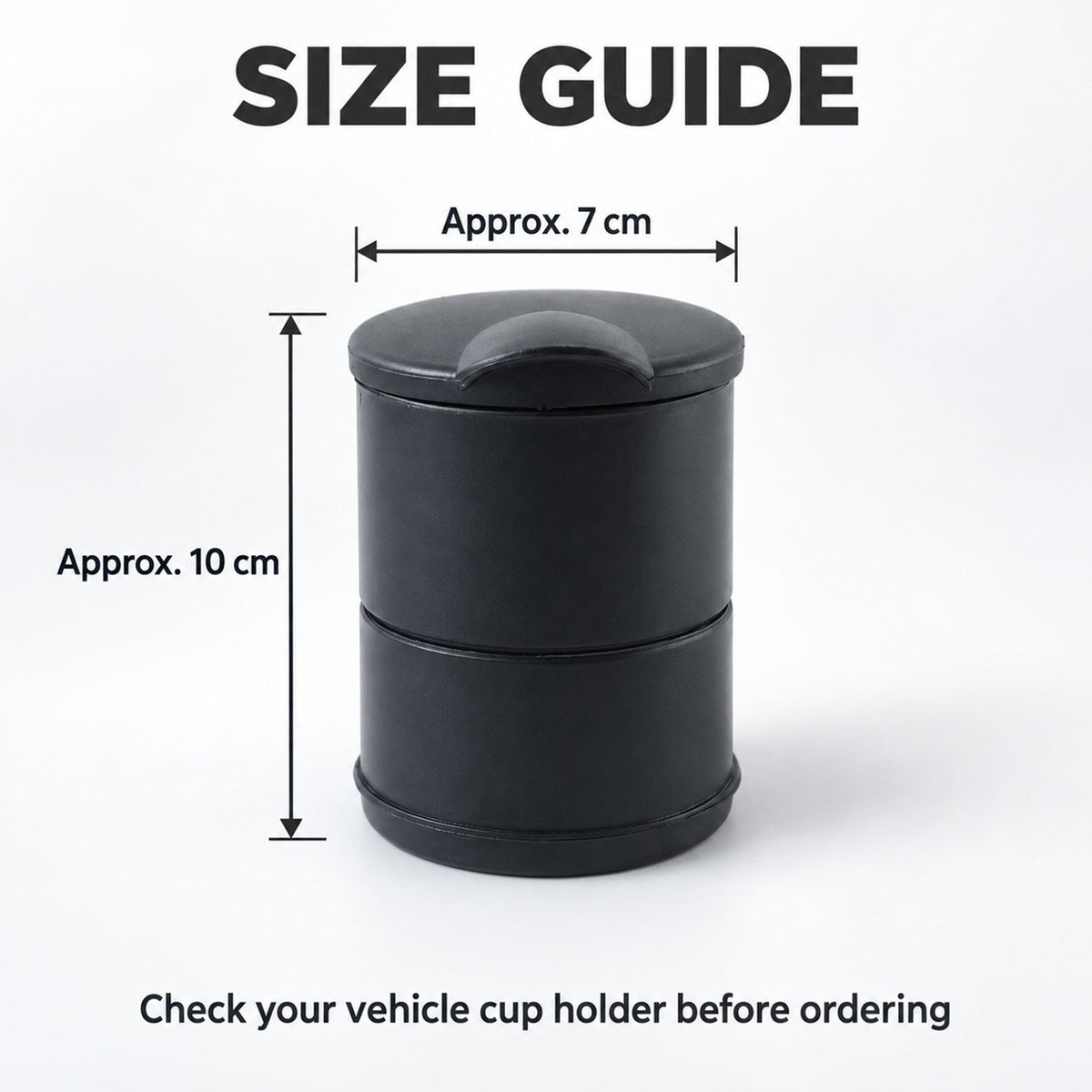 A black car ashtray with a closed lid, showing approximate dimensions of 7 cm width and 10 cm height.