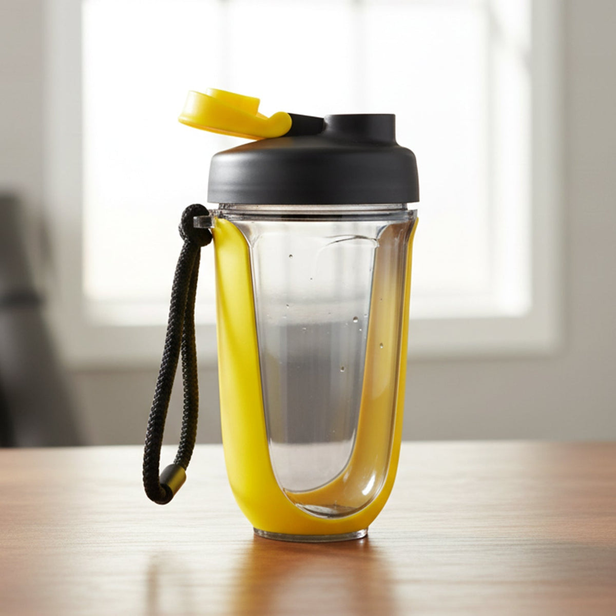 A yellow and black shaker bottle with a black strap and open lid sits on a wooden table near a window.