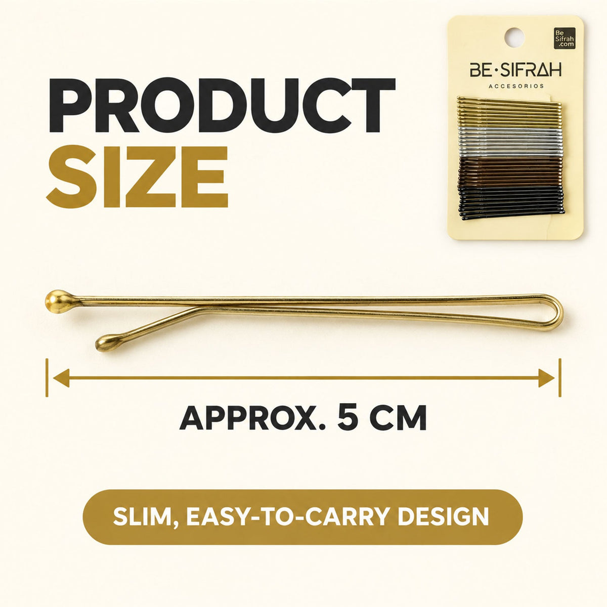 A single gold bobby pin is measured at approximately 5 cm, highlighting its slim design.
