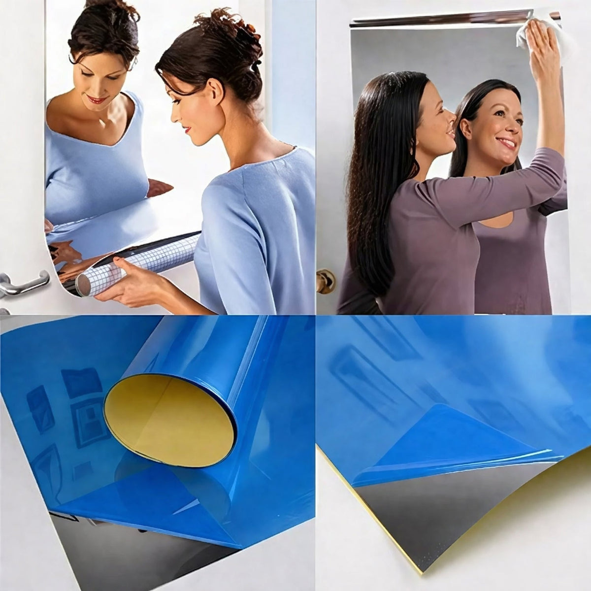 Two women applying and cleaning a flexible mirror sheet, with close-ups of the blue mirror film.