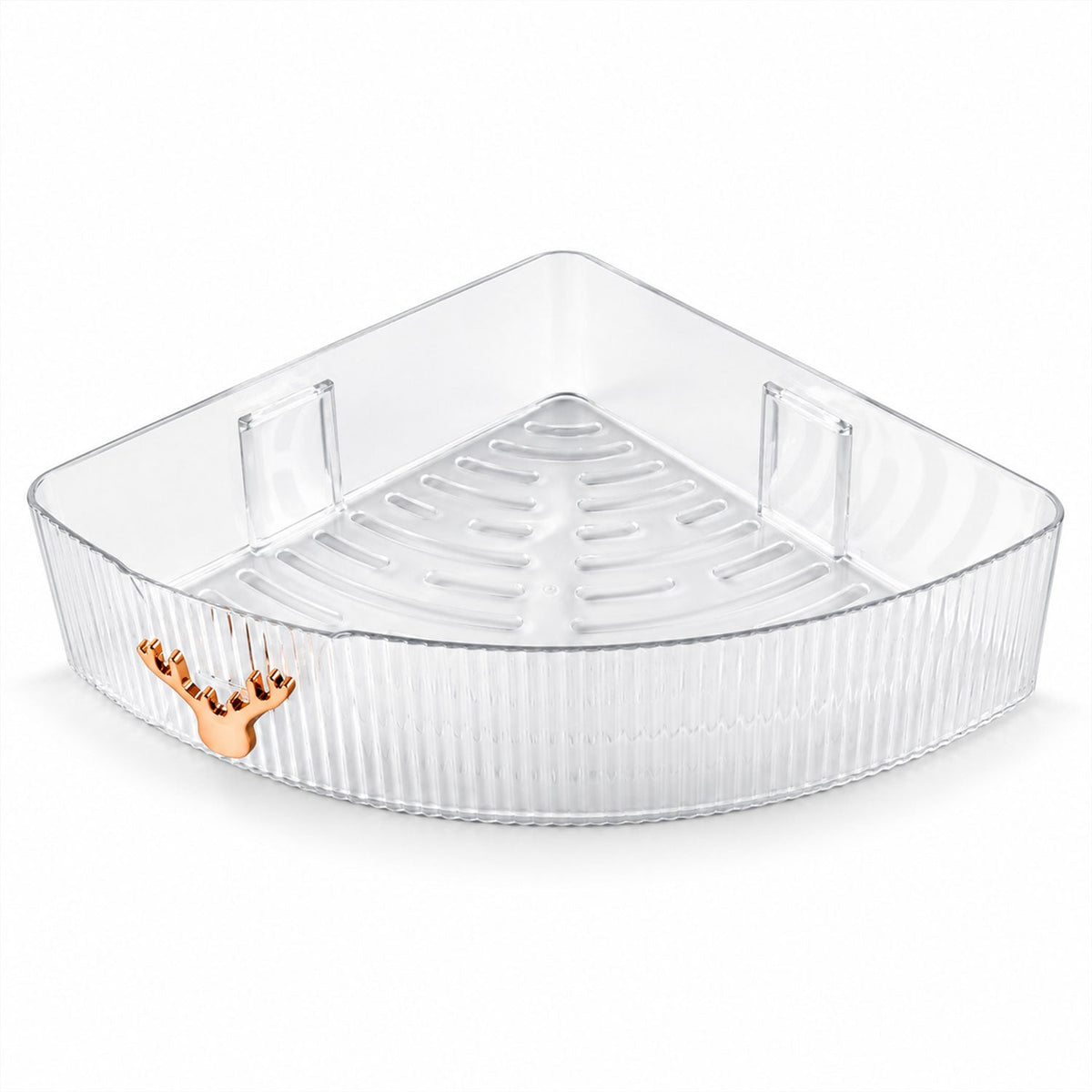 Empty transparent ribbed plastic corner shelf with a deer head hook, against a plain white background.