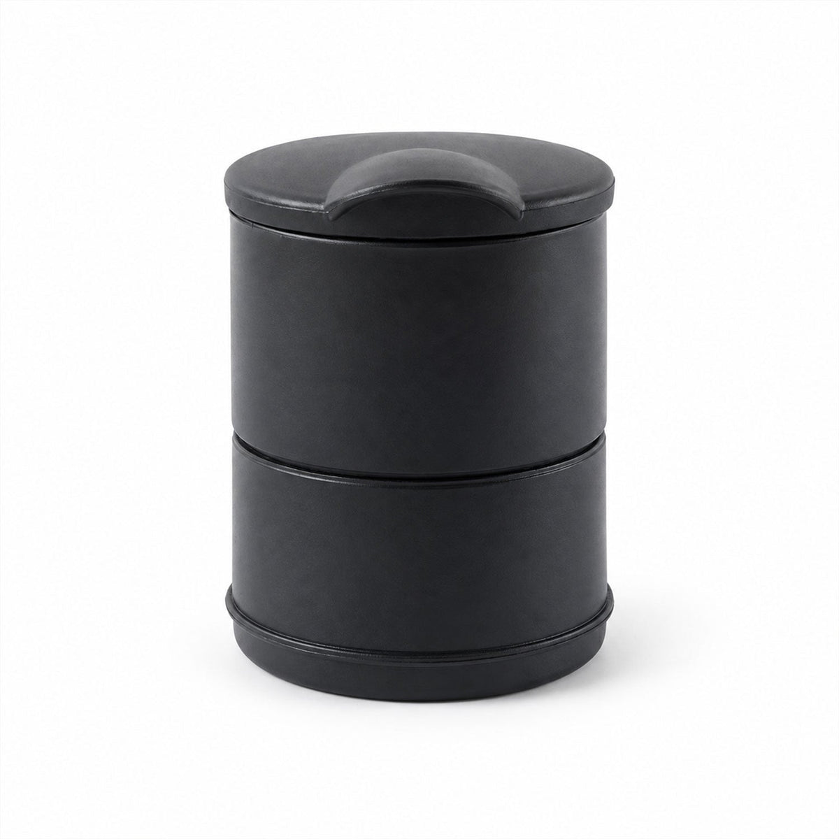 A black, two-tiered car ashtray with a closed lid on a plain white background.