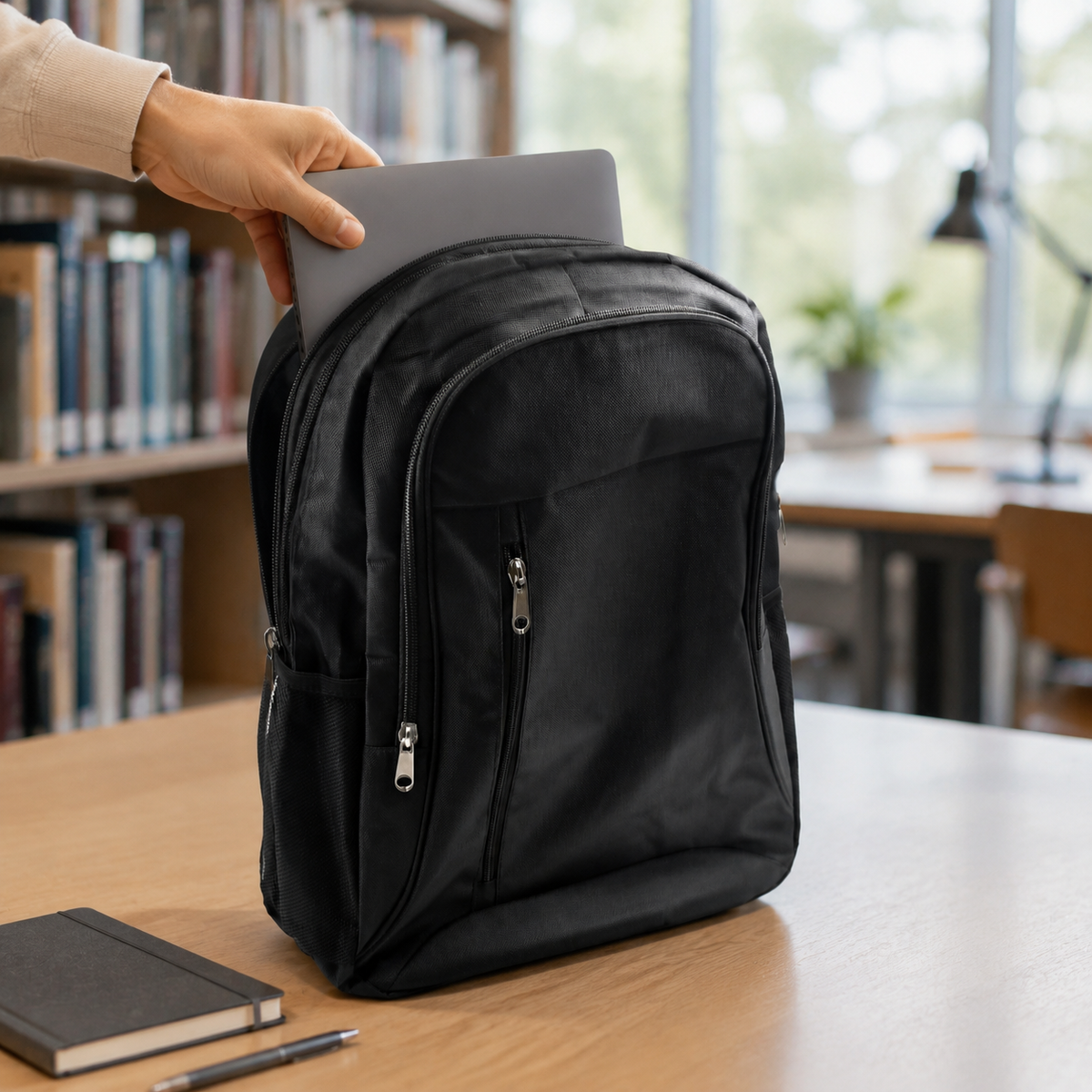 A hand slides a silver laptop into the main compartment of a black fabric backpack on a wooden table. A notebook and pen are