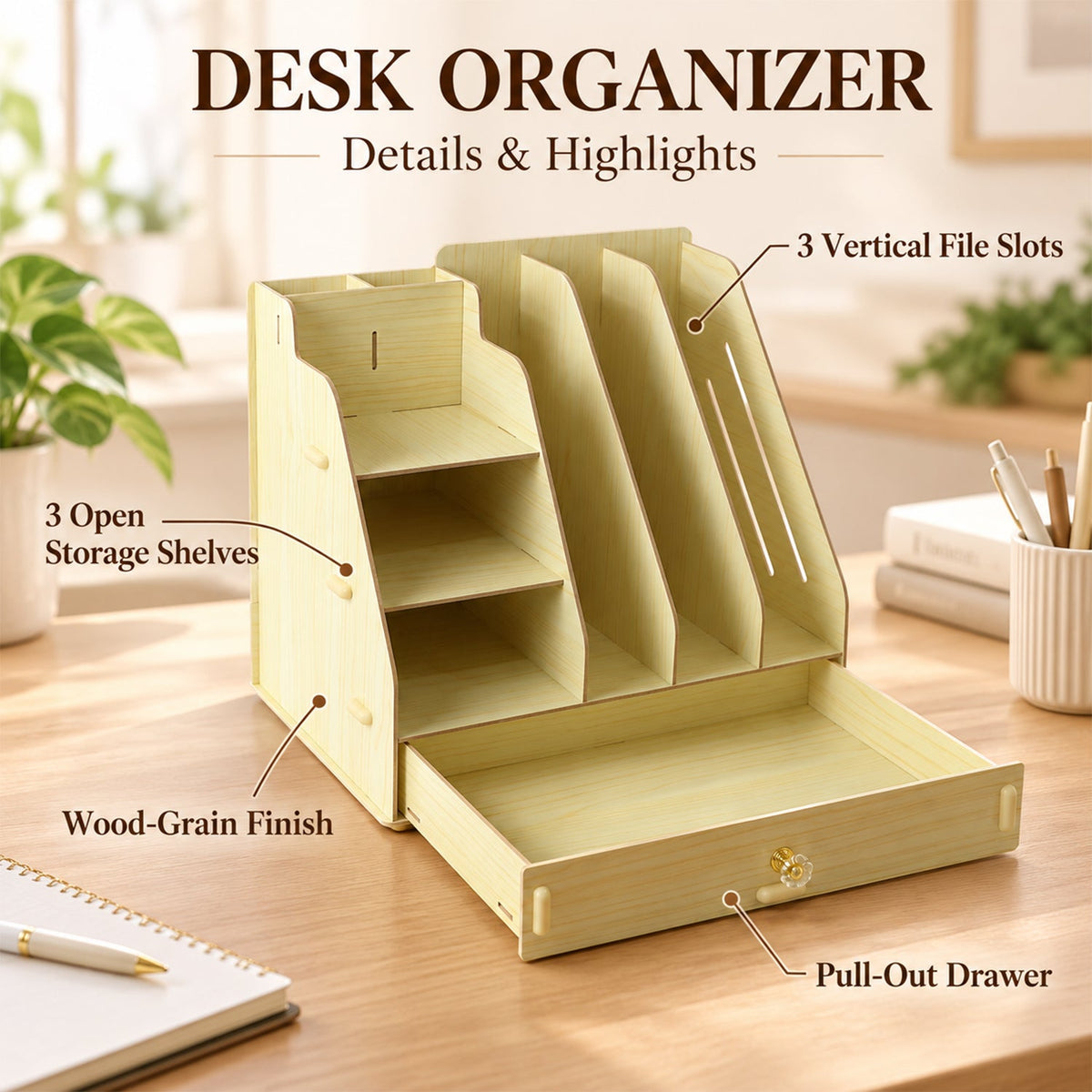 Wooden desk organizer with labeled features: shelves, file slots, drawer, and wood-grain finish.