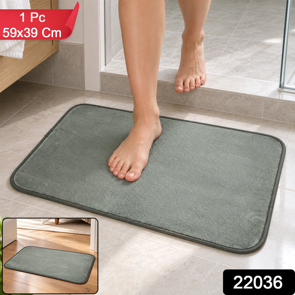 Bare feet stepping onto a grey mat in a bathroom, with product information overlays.