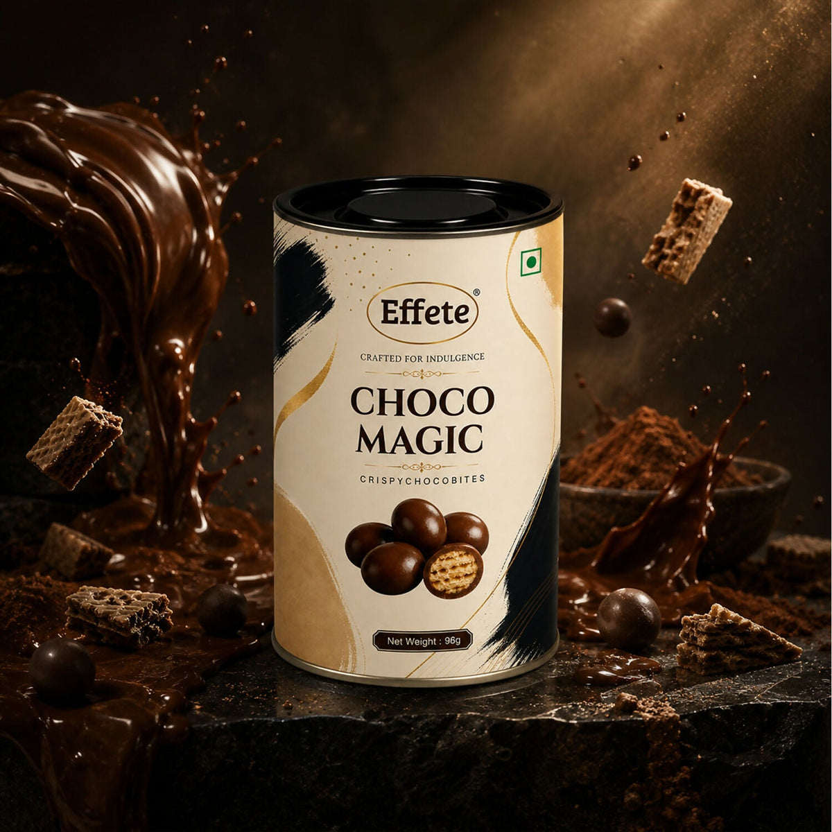 The Choco Magic tin is centered amidst splashing chocolate, cocoa powder, and wafer pieces on a dark, textured surface.