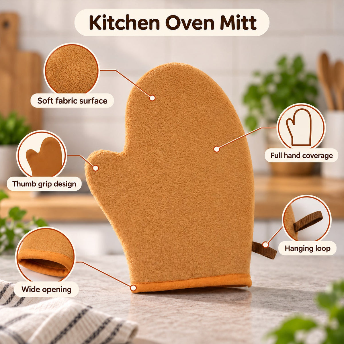 Reusable Kitchen Oven Mitt with Thumb Grip & Hanging Loop for Baking (1 Pc)