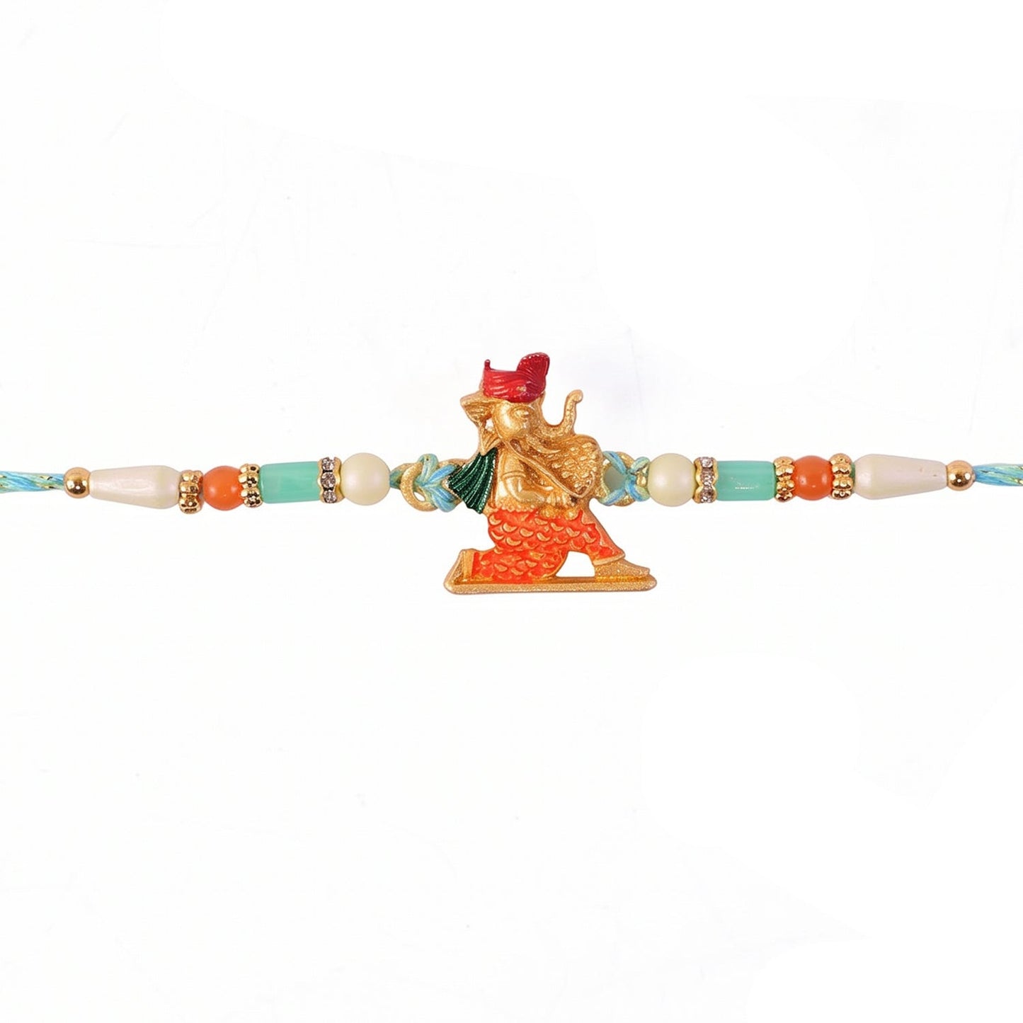 Ganesh rakhi with thread and decorative beads displayed