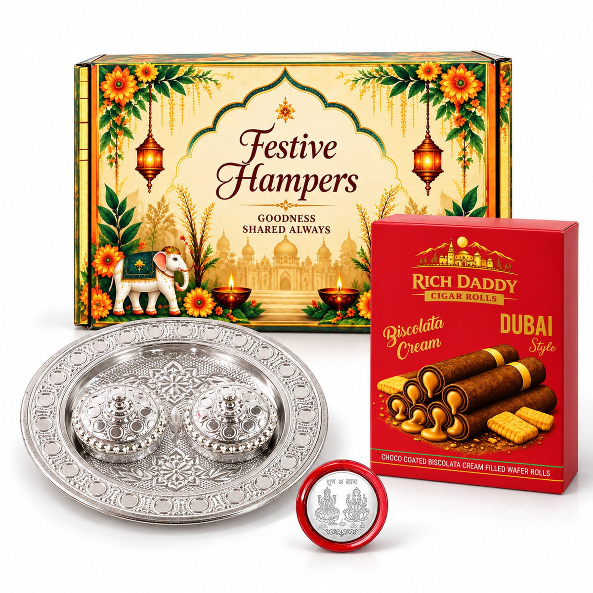 A festive gift box, a silver puja thali with two containers, and a red coin with deities.