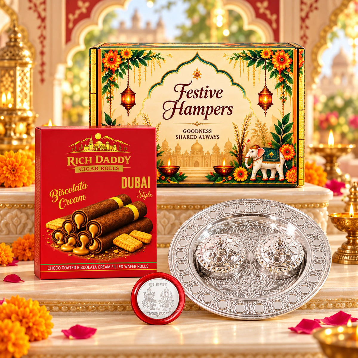 A festive gift box, a red box of wafer rolls, a silver puja thali, and a red coin on a white table.