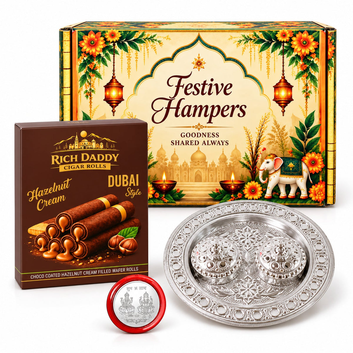 A festive gift hamper with a decorative box, a box of hazelnut cream cigar rolls, a silver kumkum dish, and a red coin.