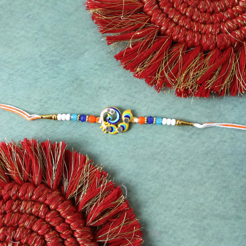Festival ready pebock motif Rakhi with soft thread for brother's comfort