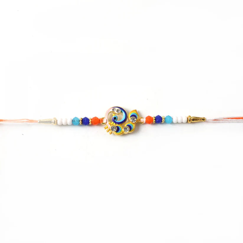 Elegant designer Rakhi featuring peacock design and colorful beads