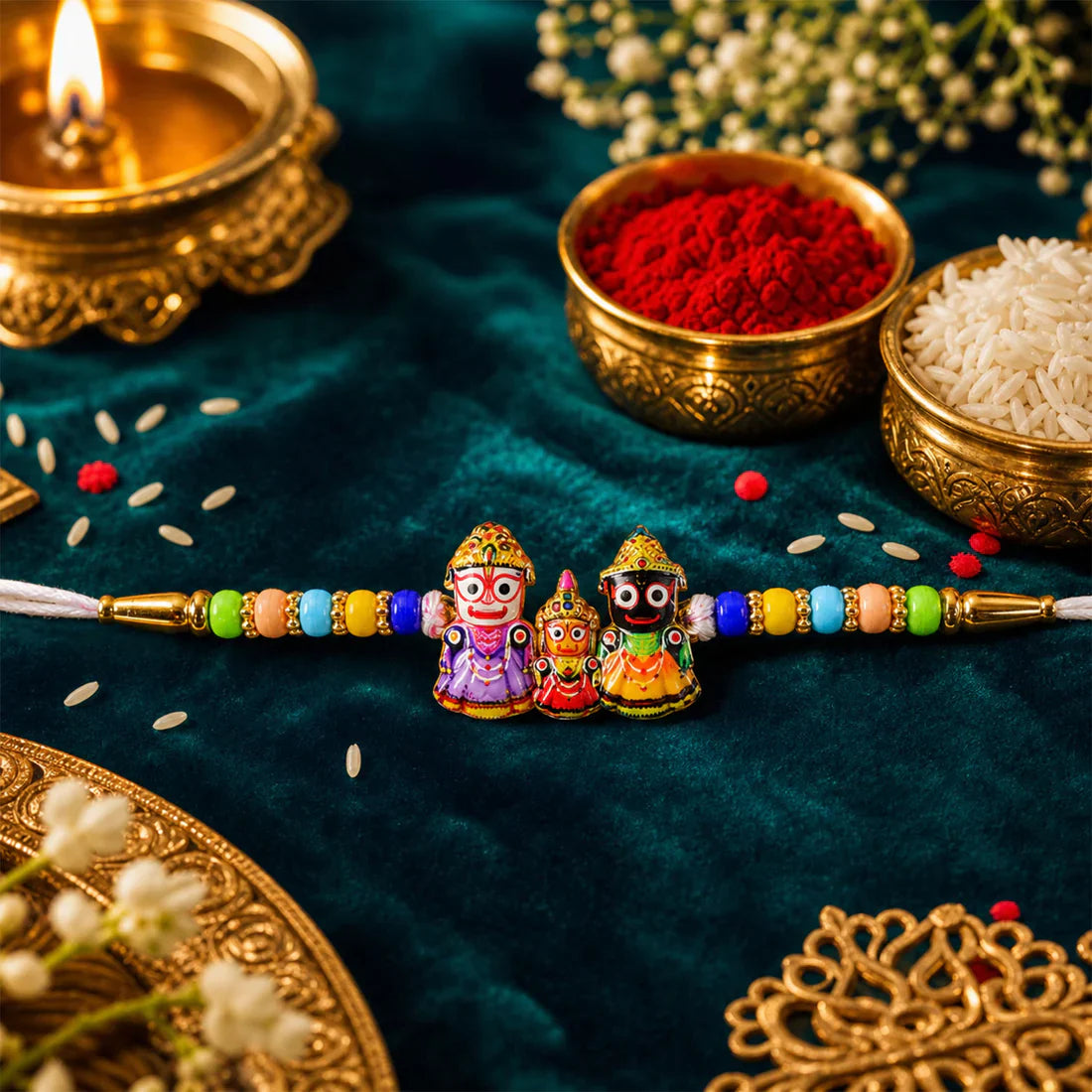 Colorful beads and thread with detailed Jagannath Rakhi for brother