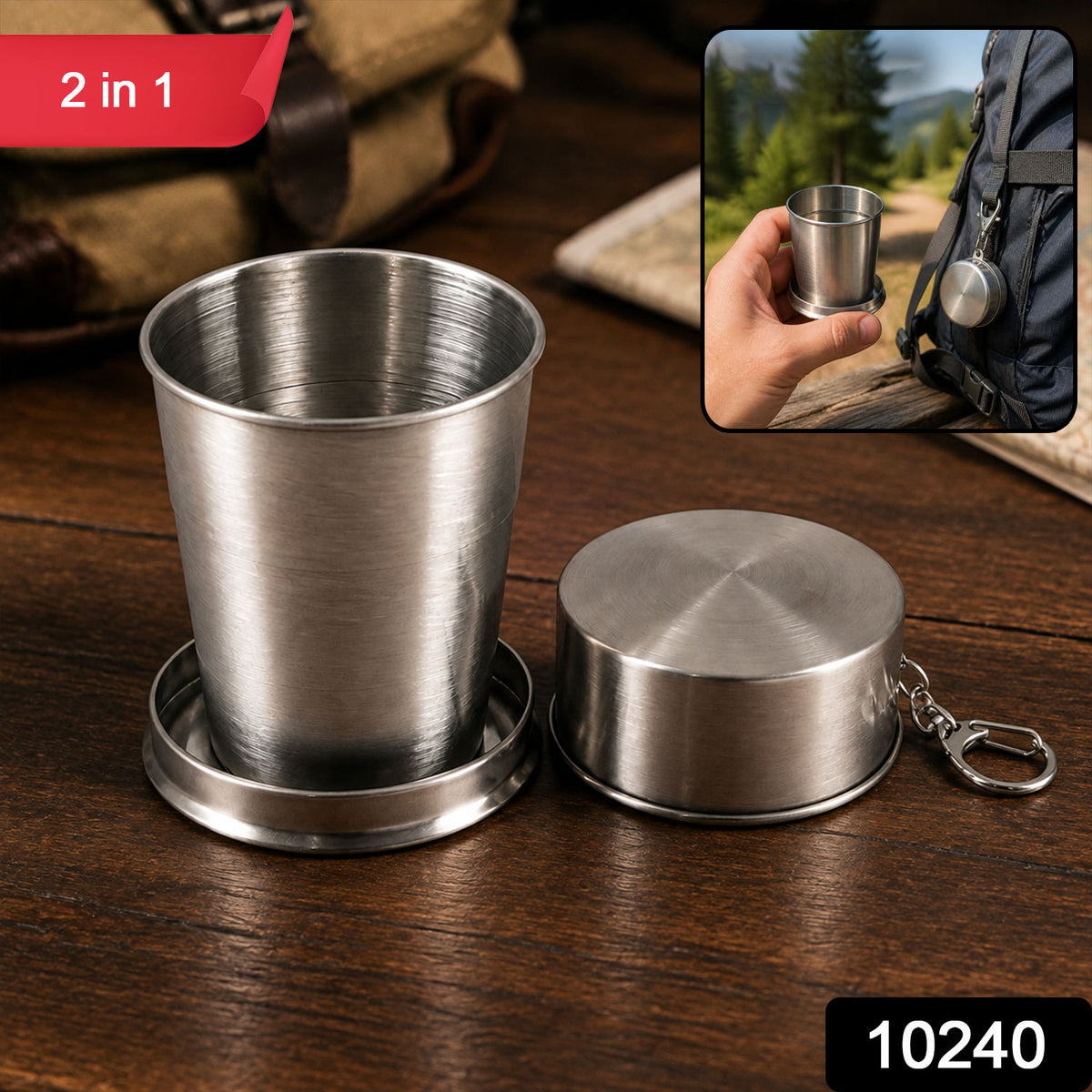 2 in 1 Camping Folding Cup with Keychain (1 Pc)
