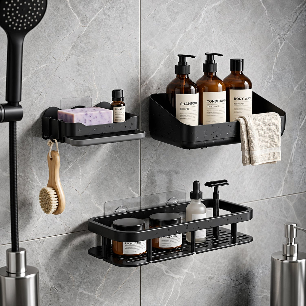 Three black plastic shower caddies and a soap dish adhere to a gray tiled wall, holding various bath products.