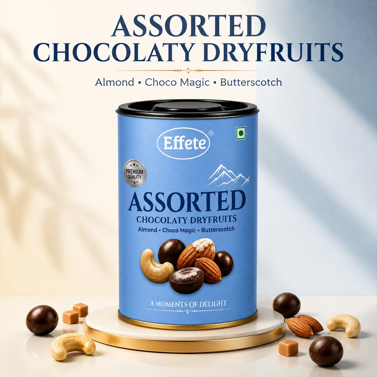 Close up of Effete assorted chocolaty dryfruits showing almond and butterscotch pieces.